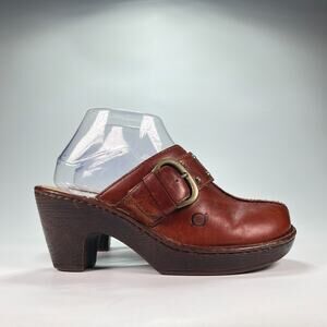 Born Brown Leather Comfort Slip On Chunky Stacked Heel Clog B40826 Womens Size 7